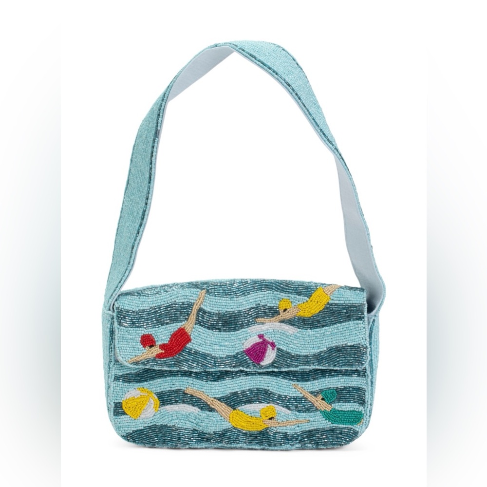 Beaded Swimmer Motif Shoulder Bag in Light Blue